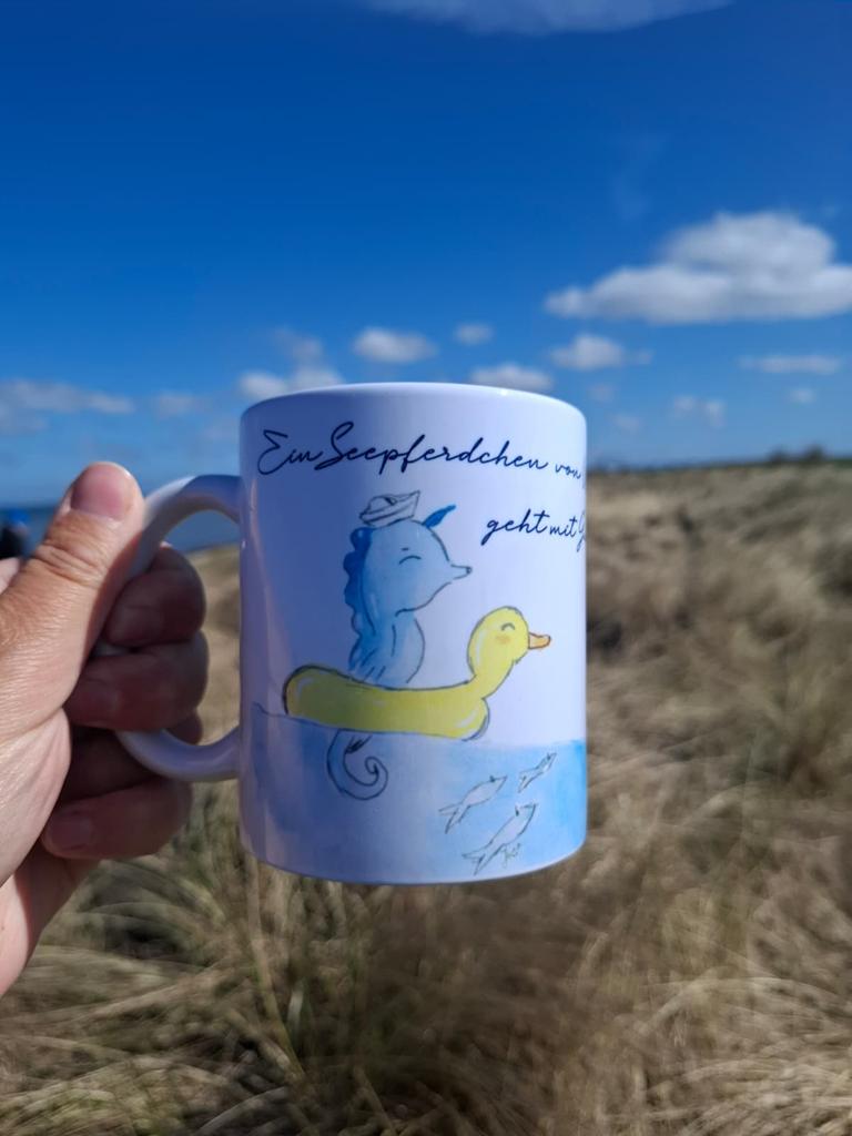 Tasse Fehmarn Möwe Badekappe Seepferdchen